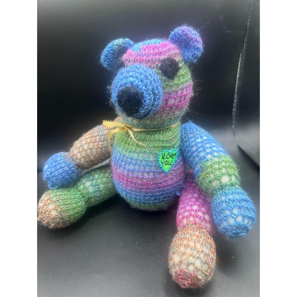 Please Adopt Me Handmade Cotton Rainbow Knitting Crochet Teddy Bear Plush